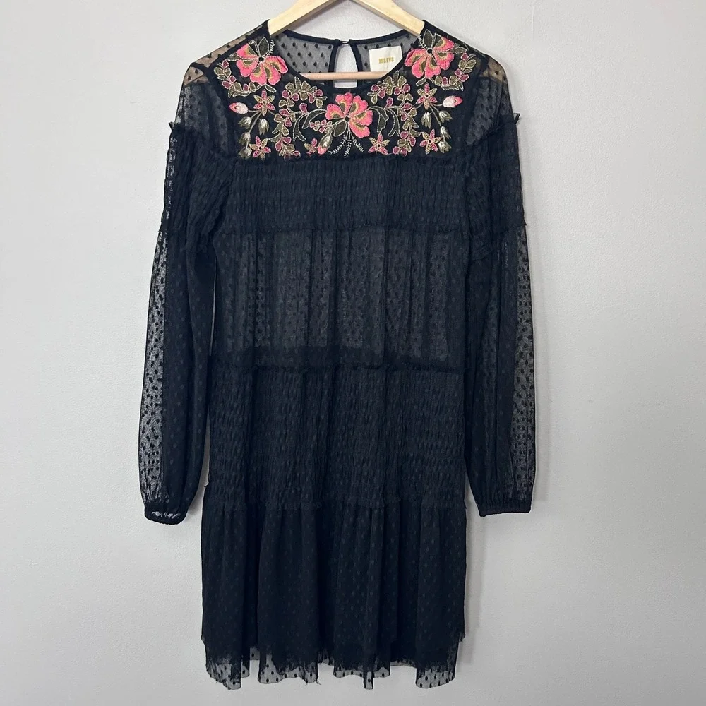 Anthropologie Maeve Samara Dress Womens M Black Mesh Floral Embroidered Tunic